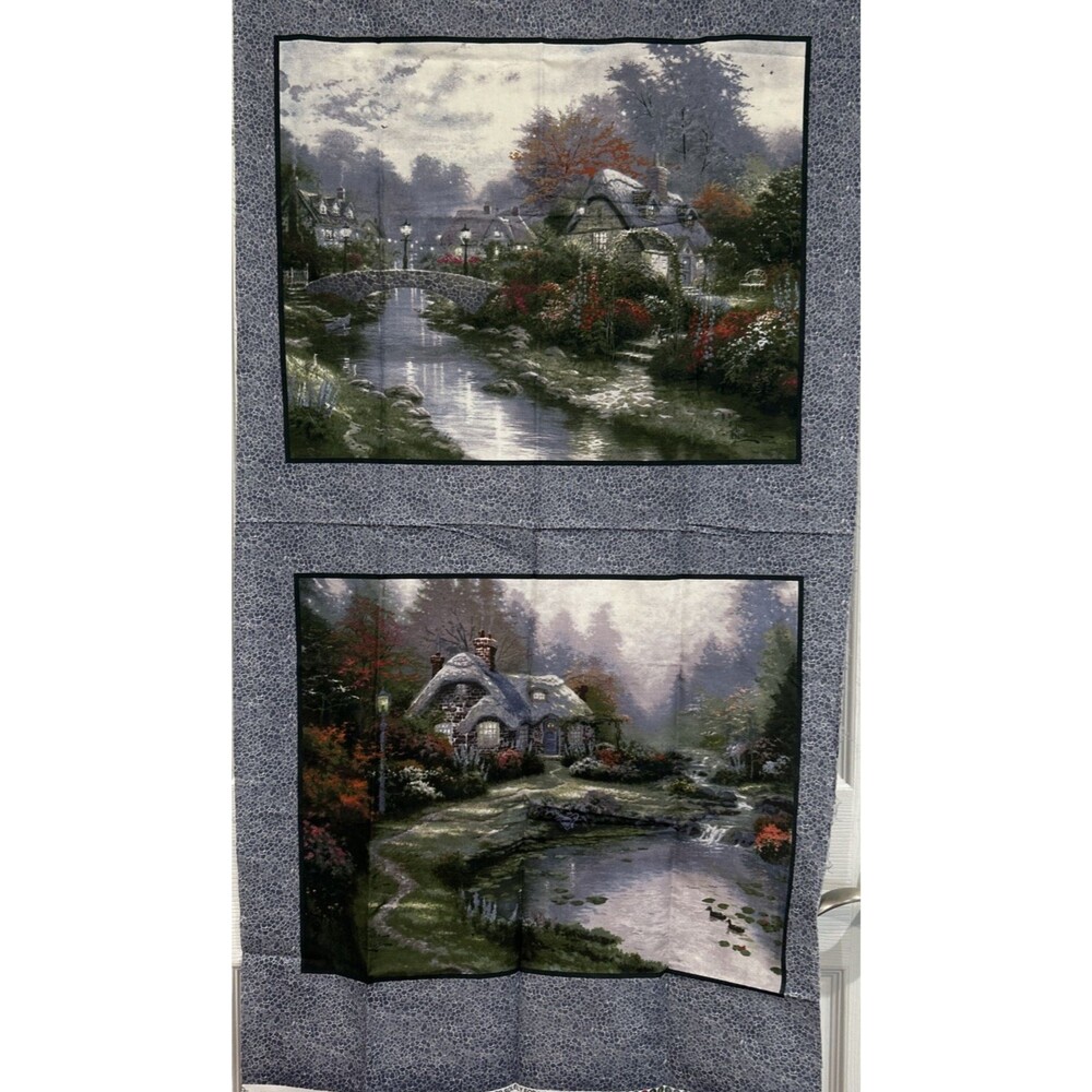 Thomas Kinkade Stone Country Cottage Cotton Fabric Panel 22" X 43"